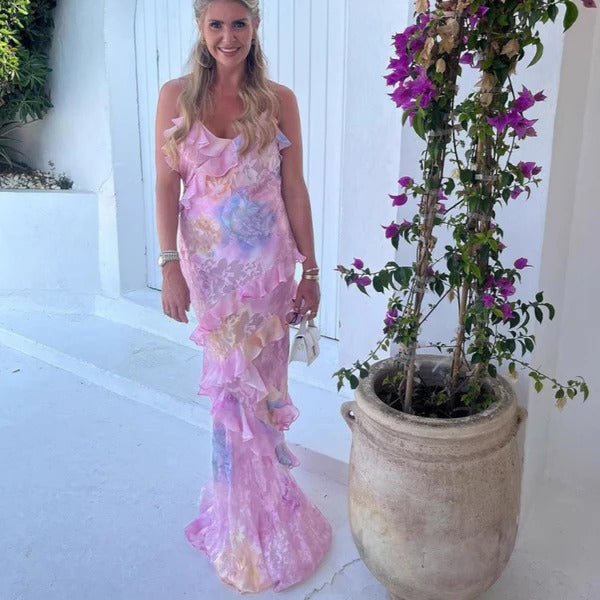 Isadora | Damen Maxikleid mit Blumenmuster, Rüschen, V-Ausschnitt und Spaghettiträgern – Blumenmuster – Bild 7