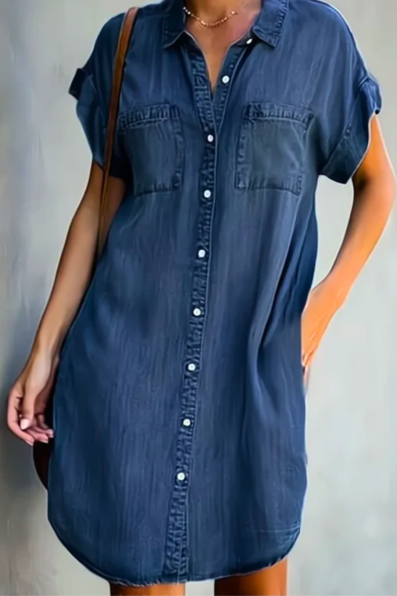 Joanna | Women's Button Front Short Sleeve Shirt Dress - Dark Blue - Image 1