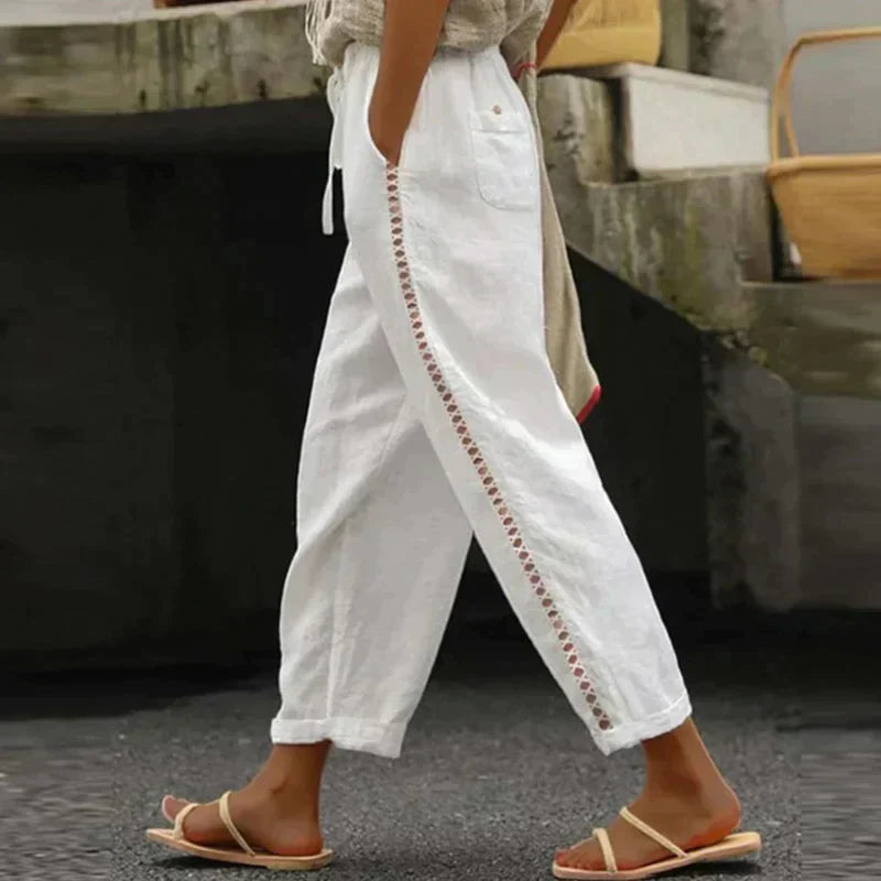Josephine | Women's High Waisted Button Detail Tapered Trousers - White - Image 1