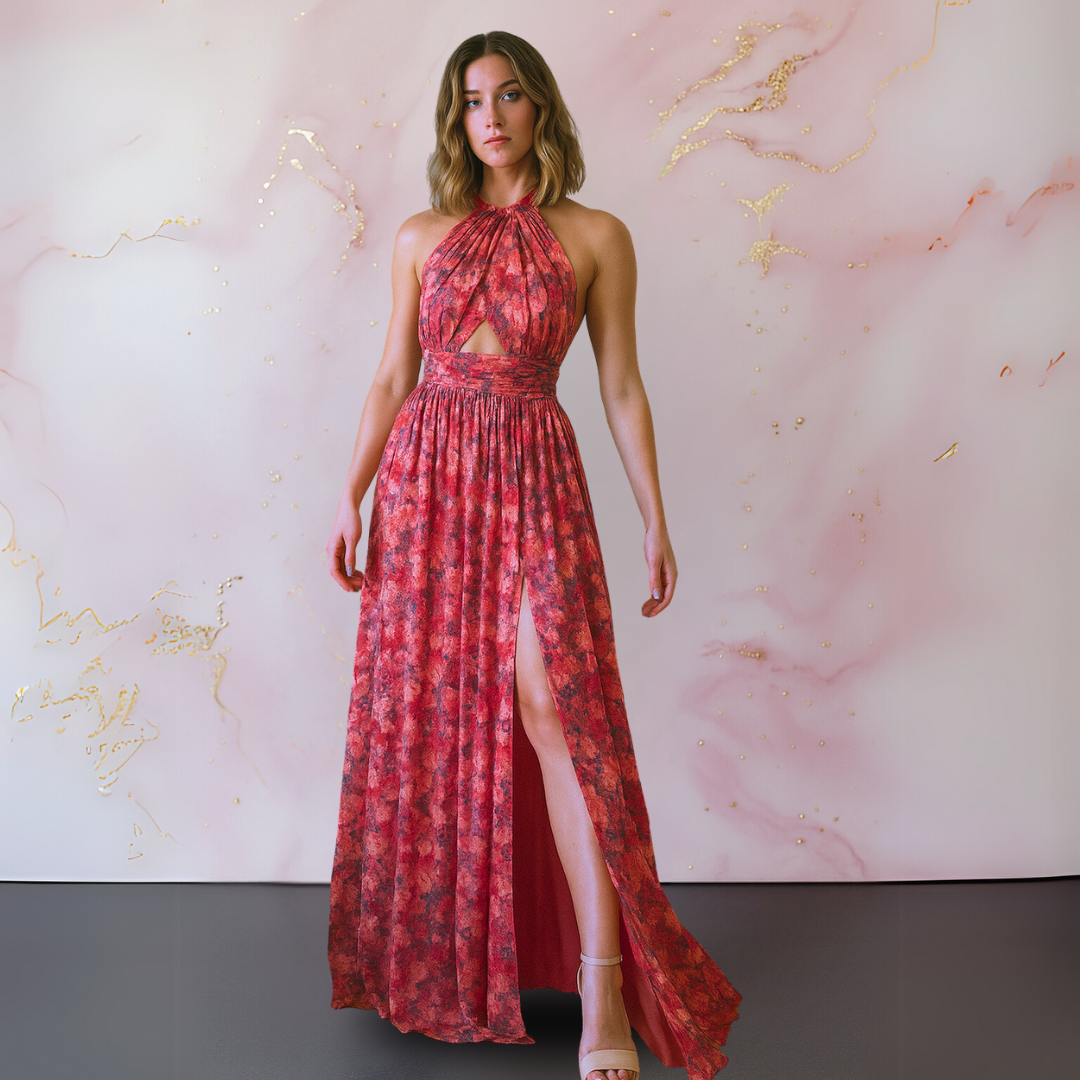 Juliana | Women's Floral Halter Neck Maxi Dress - Red - Image 1