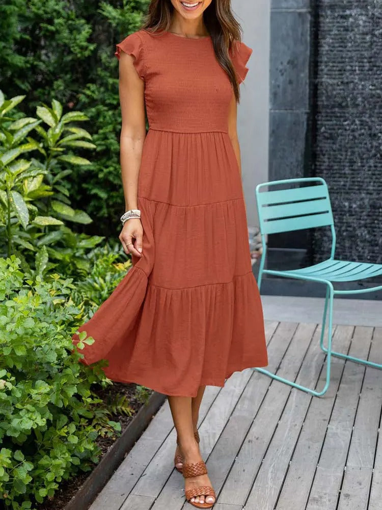 Juliette | Women's Ruffle Sleeve Tiered Midi Dress - Orange - Image 1