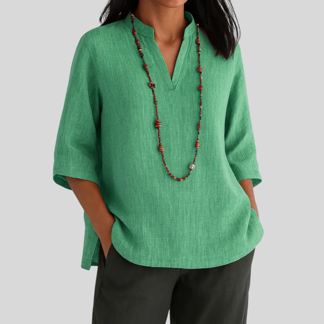 Junella | Women's V Neck 3/4 Sleeve Blouse - Green - Image 1