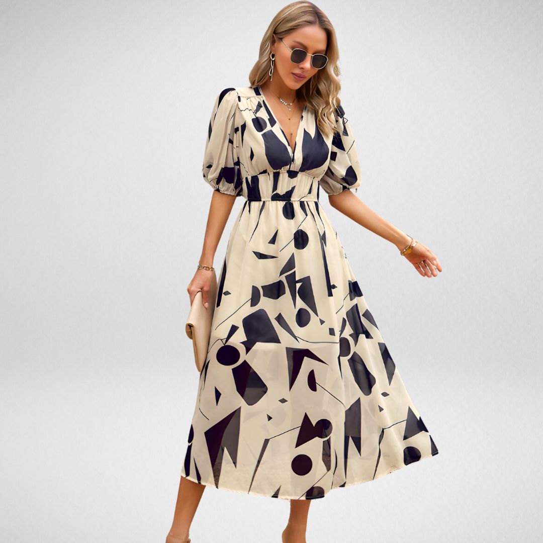 Kassandra | Women's V-Neck Printed Midi Dress - Beige - Image 1