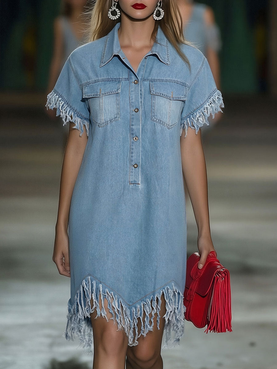 Lavender | Women's Fringe Detail Mini Shirt Dress - Light Blue - Image 1
