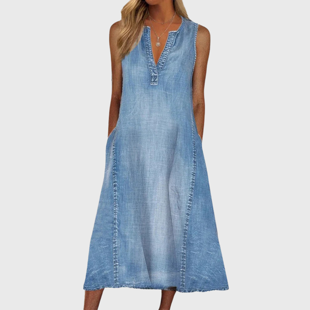 Lavender | Women's V Neck Sleeveless Midi Dress - Light Blue - Image 1