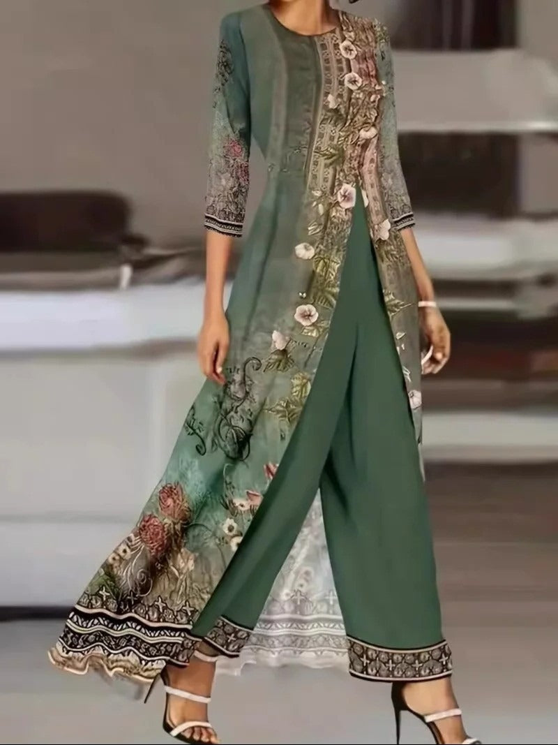 Lavinia | Women's Floral Print Two-Piece Set - Green - Image 1