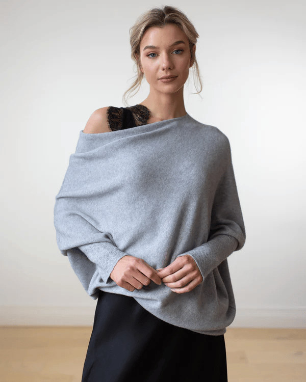 Lavinia | Women's Off Shoulder Asymmetric Long Sleeve Jumper - Light Blue - Image 1