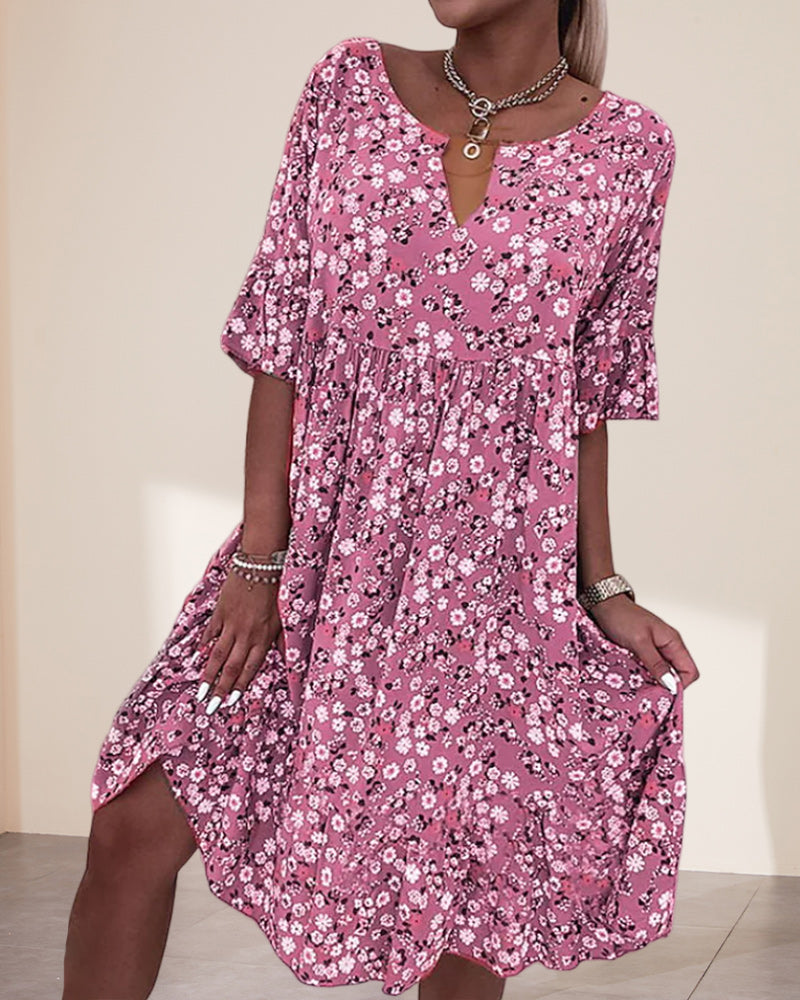 Leocadia | Women's Floral V-Neck Short Sleeve Midi Dress - Pink - Image 1