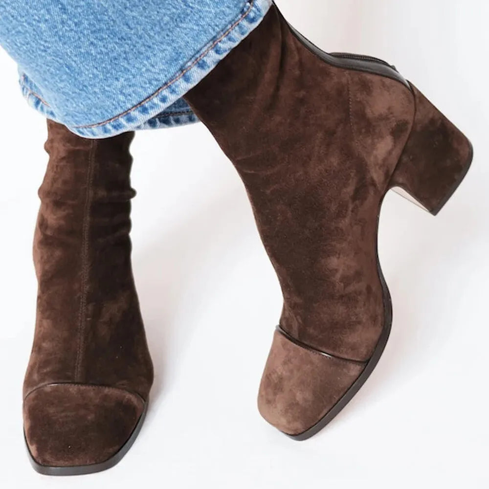 Leonie | Women's Square Toe Block Heel Ankle Boots - Brown - Image 1