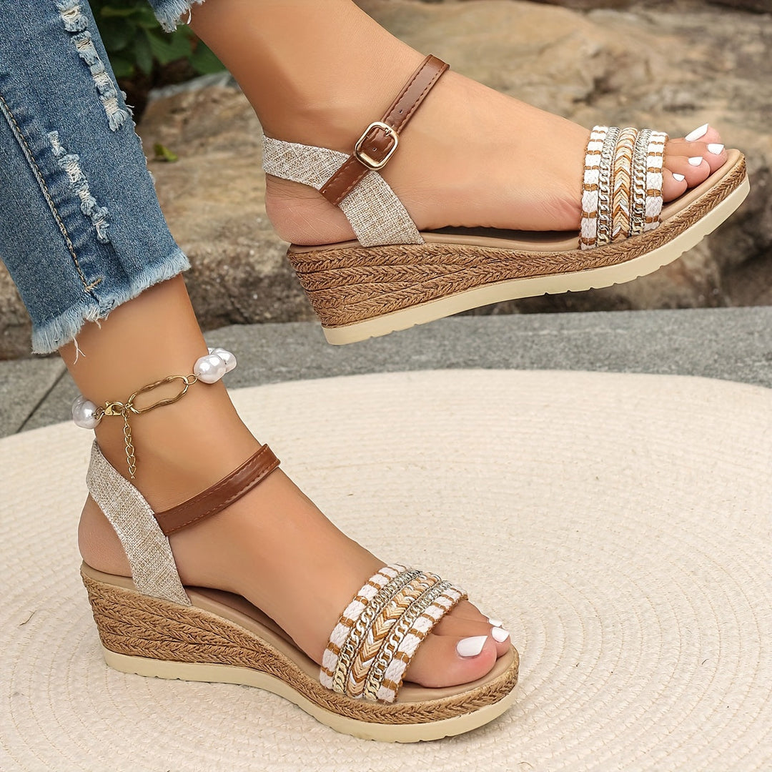Luciana | Women's Wedge Sandals with Chain Detail - Beige - Image 1
