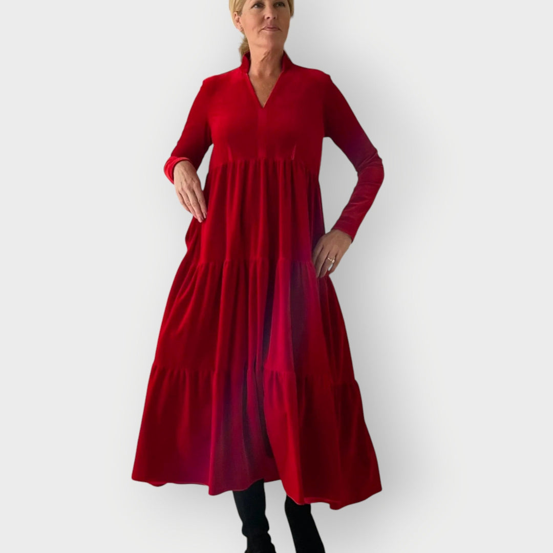 Lucienne | Women's V-Neck Long Sleeve Maxi Dress - Red - Image 1