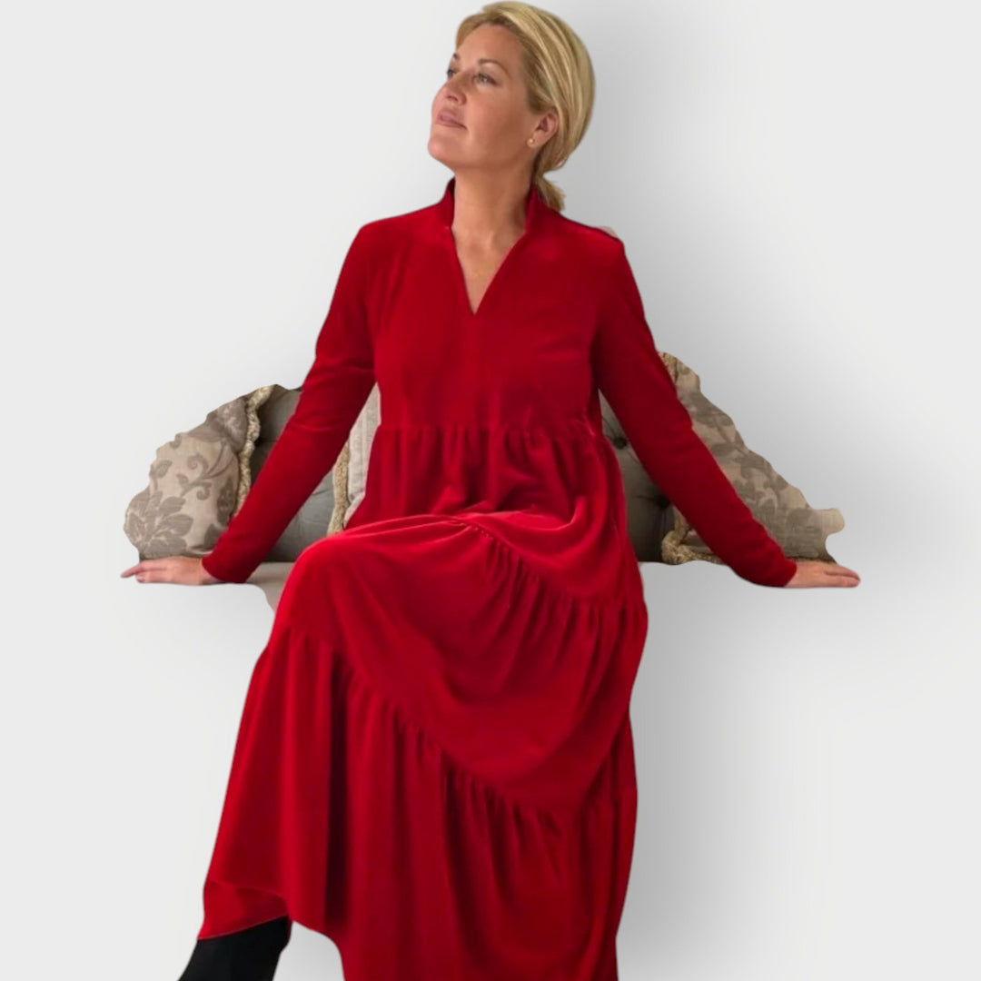 Lucienne | Damen Maxikleid mit V-Ausschnitt und langen Ärmeln - Rot - Bild 3