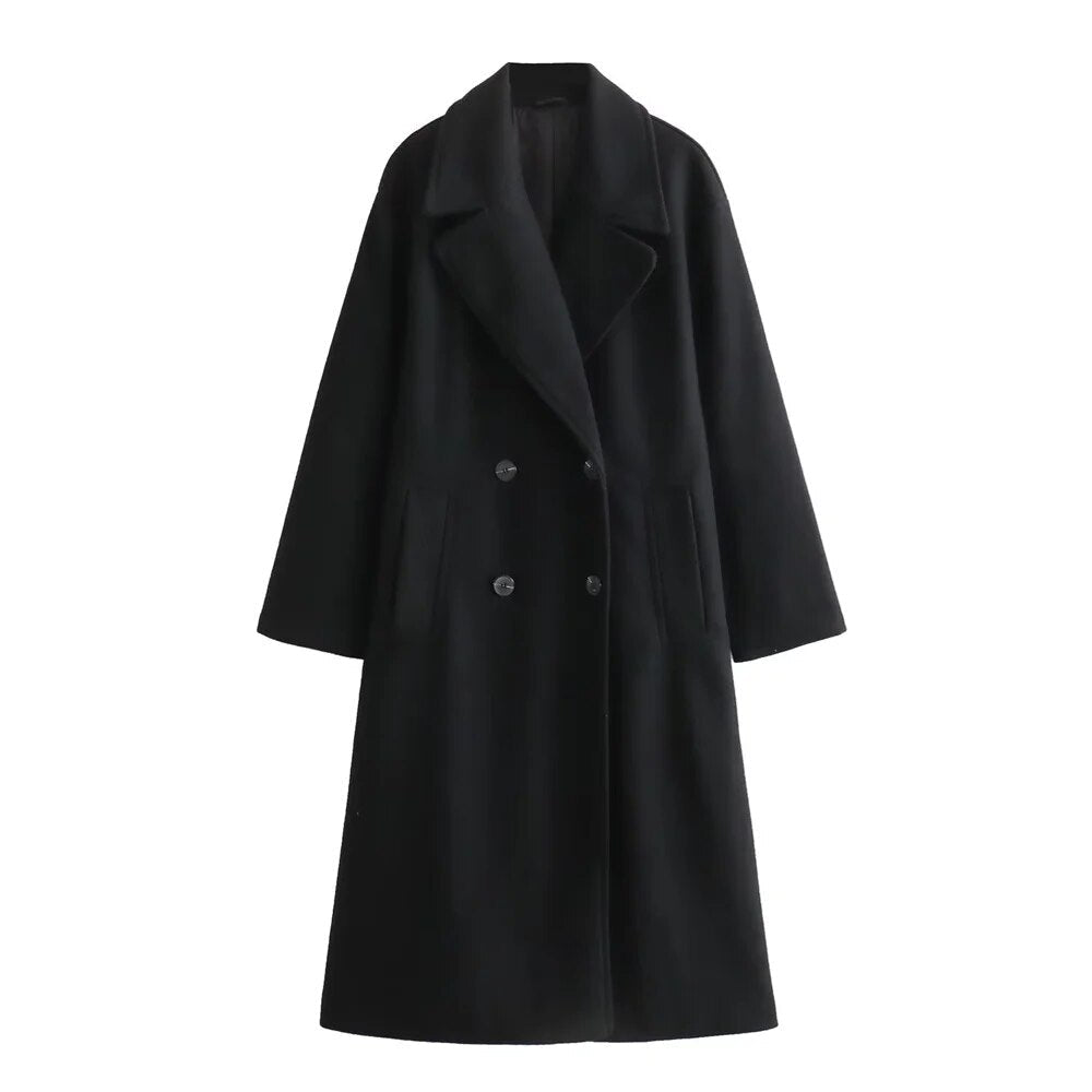 Lucinda | Women's Double Breasted Long Coat - Black - Image 1