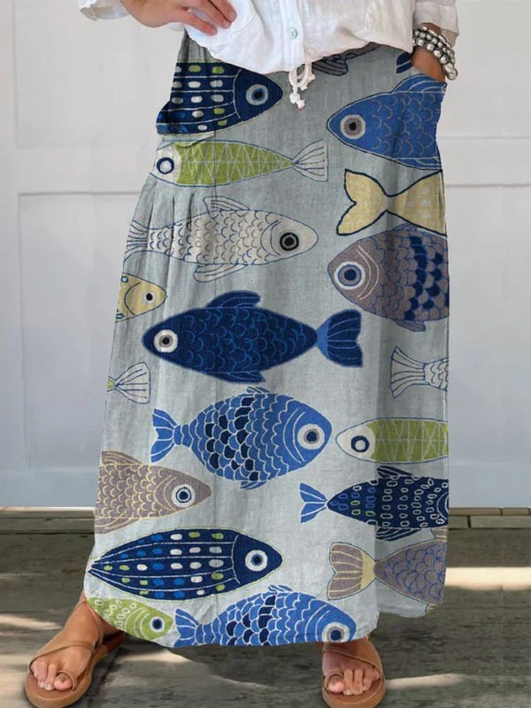 Lucinda | Women's Fish Print A-Line Maxi Skirt - Image 1