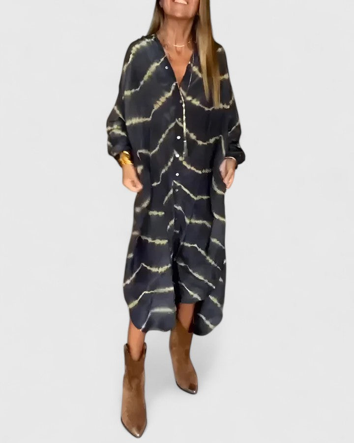 Lucinda | Women's Tie-Dye Long Sleeve Midi Shirt Dress - Striped - Image 1