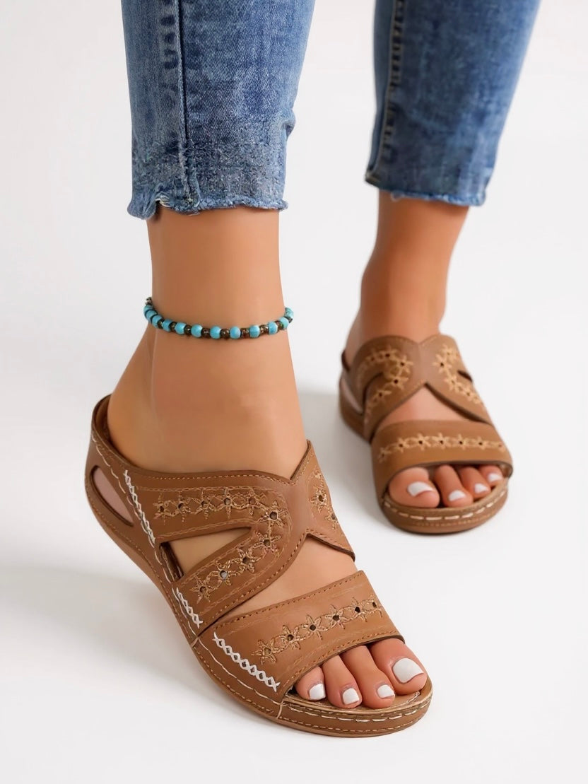 Lyanna | Women's Embroidered Slip On Slide Sandals - Brown - Image 1