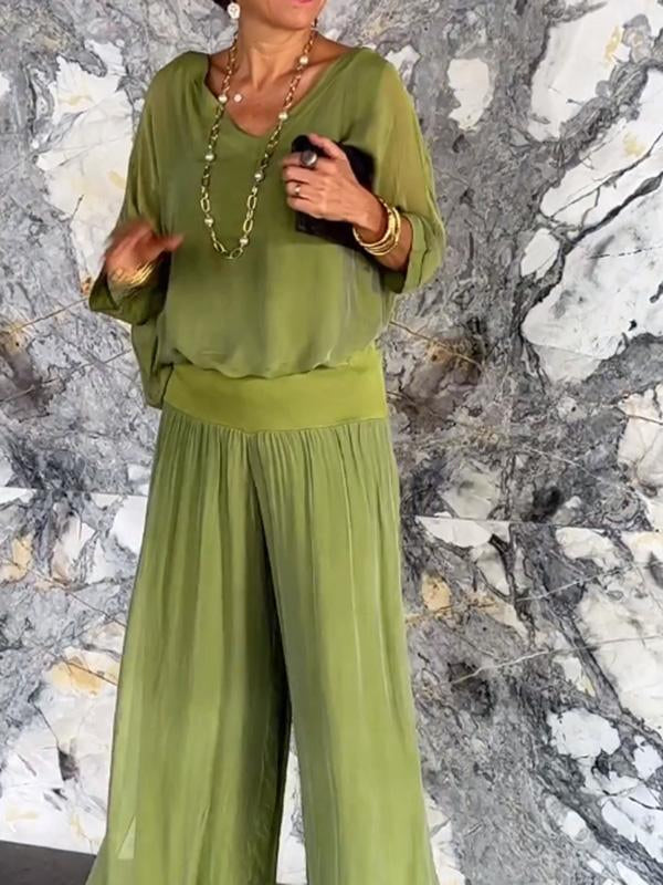 Lydia | Women's Batwing Sleeve Wide Leg Jumpsuit Set - Green - Image 1