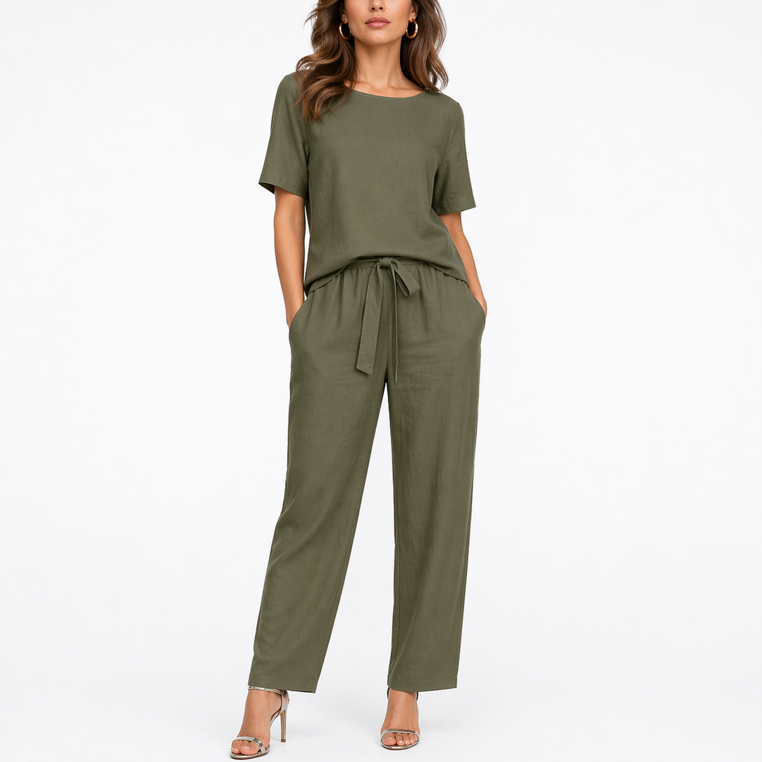 Lydia | Women's Short Sleeve Two Piece Lounge Set - Khaki - Image 1