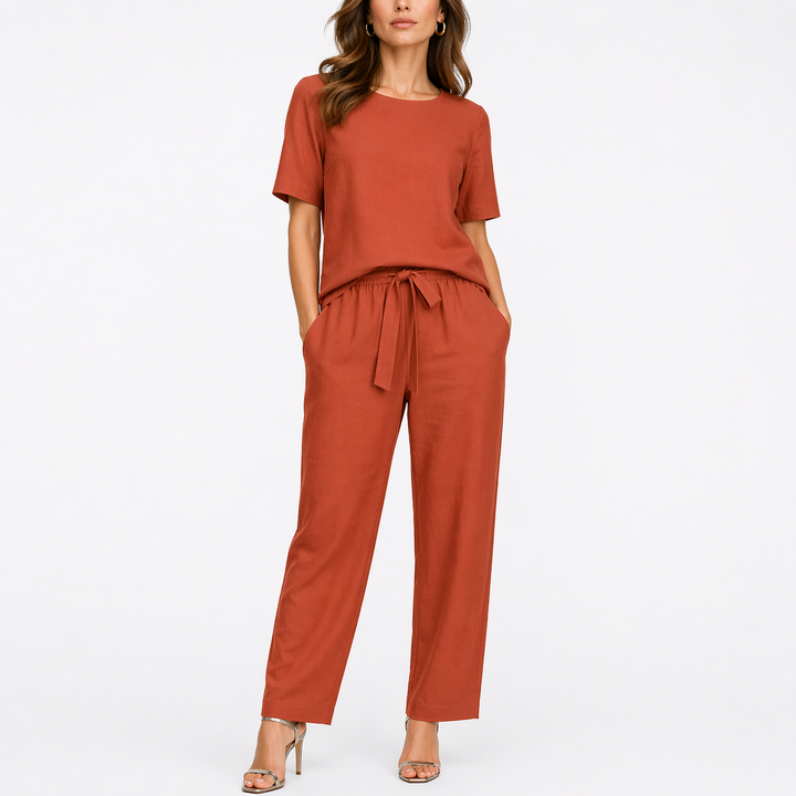 Lydia | Damen Zweiteiler Lounge-Set mit kurzem Ärmel – Khaki – Bild 3
