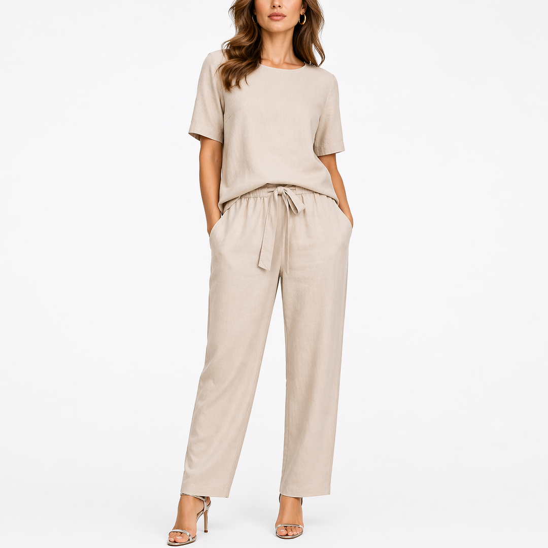 Lydia | Damen Zweiteiler Lounge-Set mit kurzen Ärmeln – Khaki – Bild 4