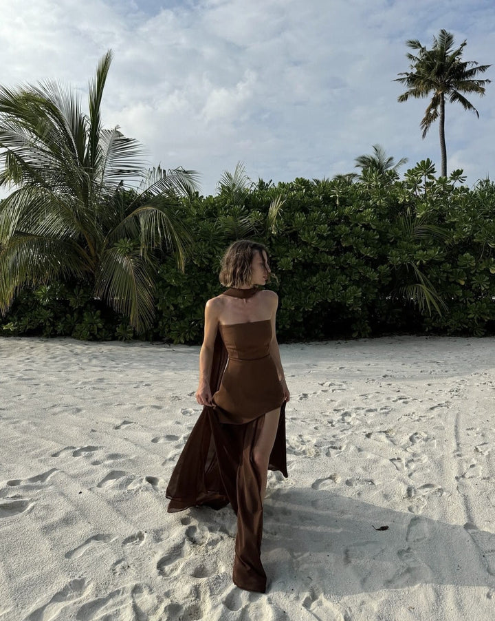 Lydia | Damen trägerloses asymmetrisches Maxikleid - Weiß - Bild 10