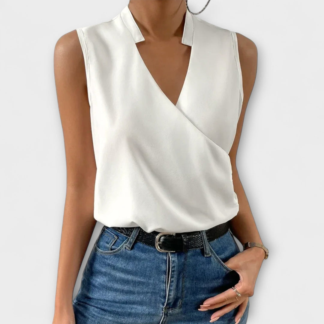 Lyralynn | Women's Sleeveless Wrap V-Neck Collar Blouse - White - Image 1