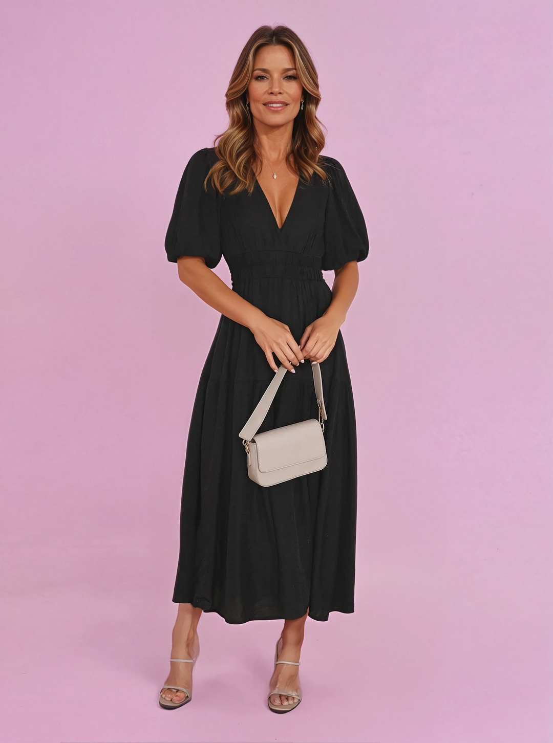 Lysandra | Women's V-Neck Puff Sleeve Midi Dress - Black - Image 1