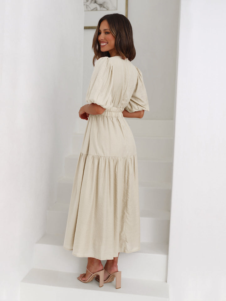 Lysandra | Damen Midi-Kleid mit V-Ausschnitt und Puffärmeln – Schwarz – Bild 12