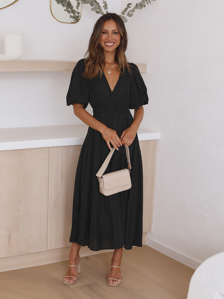 Lysandra | Damen Midi-Kleid mit V-Ausschnitt und Puffärmeln – Schwarz – Bild 6