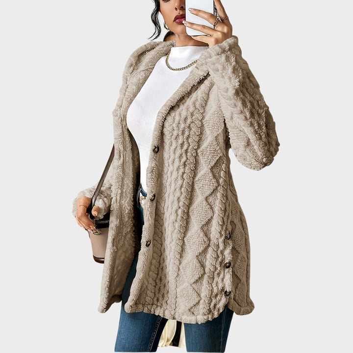 Lysianne | Damen Strickjacke mit Kapuze und Zopfmuster - Beige - Bild 2