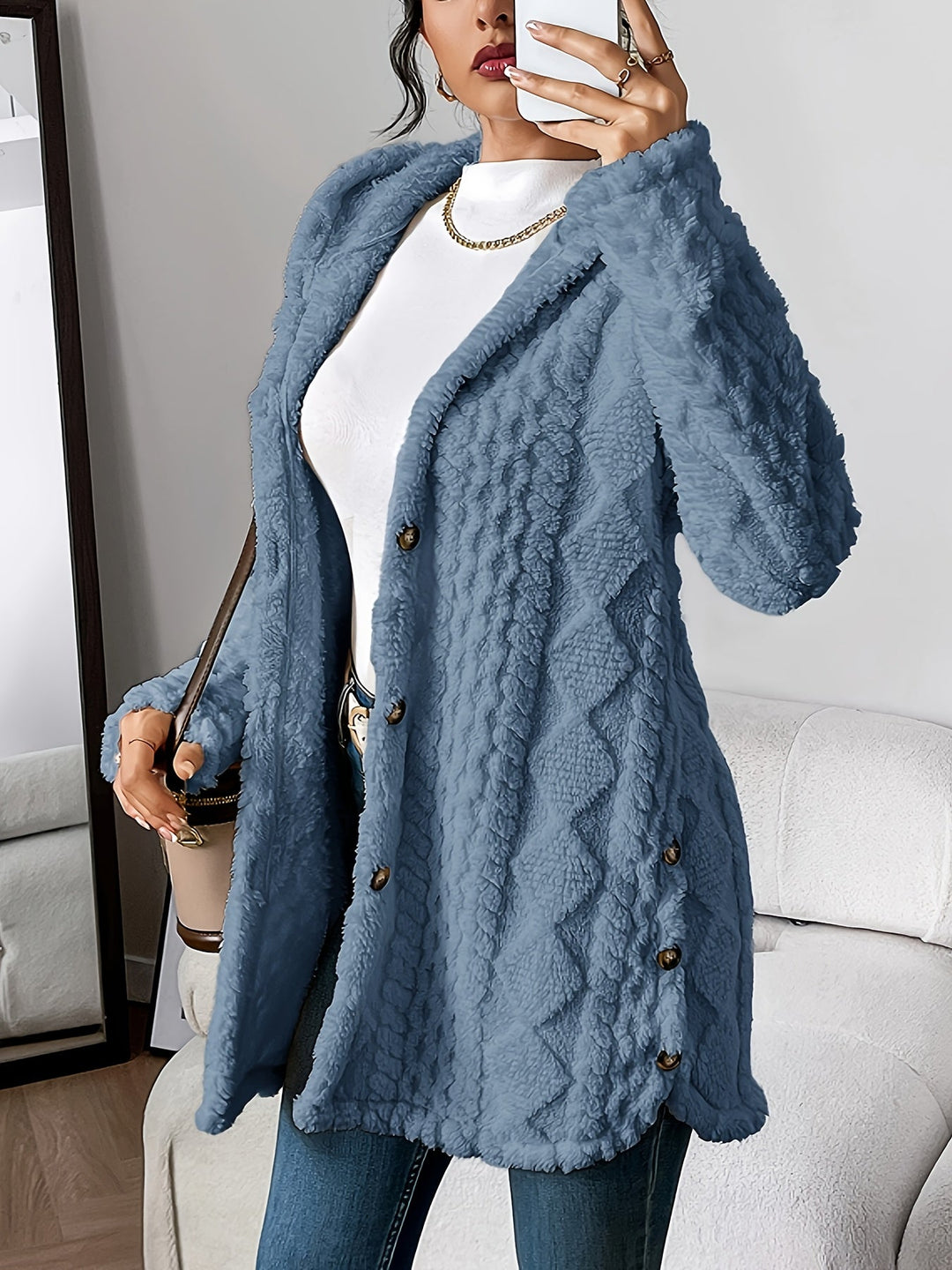 Lysianne | Damen Strickjacke mit Kapuze und Zopfmuster - Beige - Bild 3