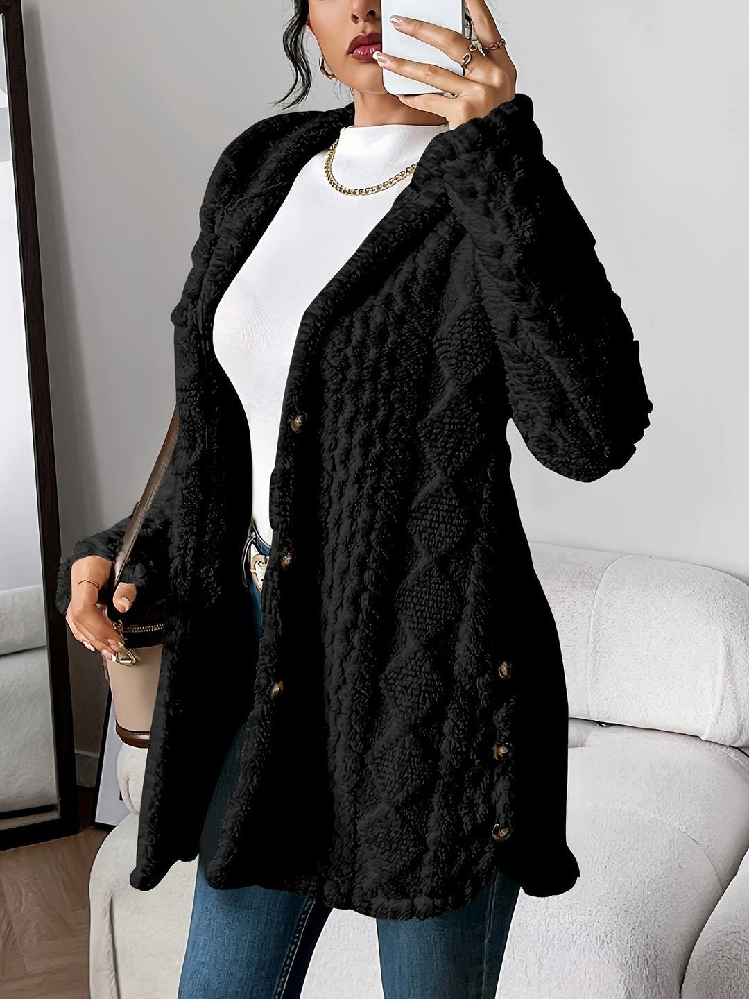 Lysianne | Damen Strickjacke mit Kapuze und Zopfmuster - Beige - Bild 6