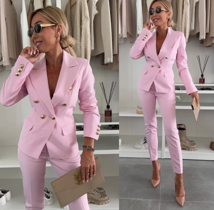 Lysinda | Women's Double Breasted Blazer Suit Set - Pink - Image 1