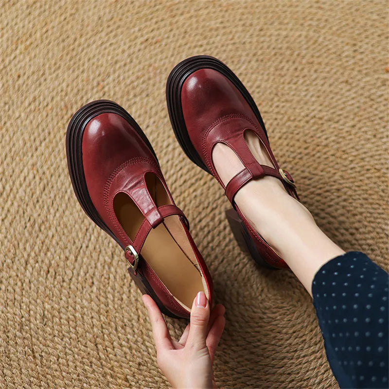 Lysithea | Women's Chunky Block Heel Mary Jane Shoes - Burgundy - Image 1