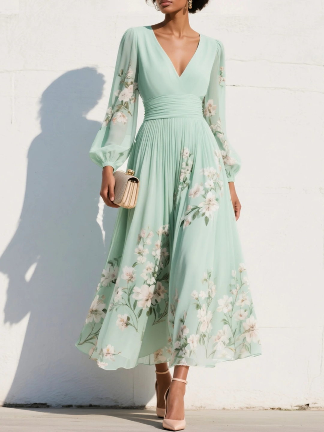 Lysithea | Women's Floral V-Neck Long Sleeve Midi Dress - Green - Image 1