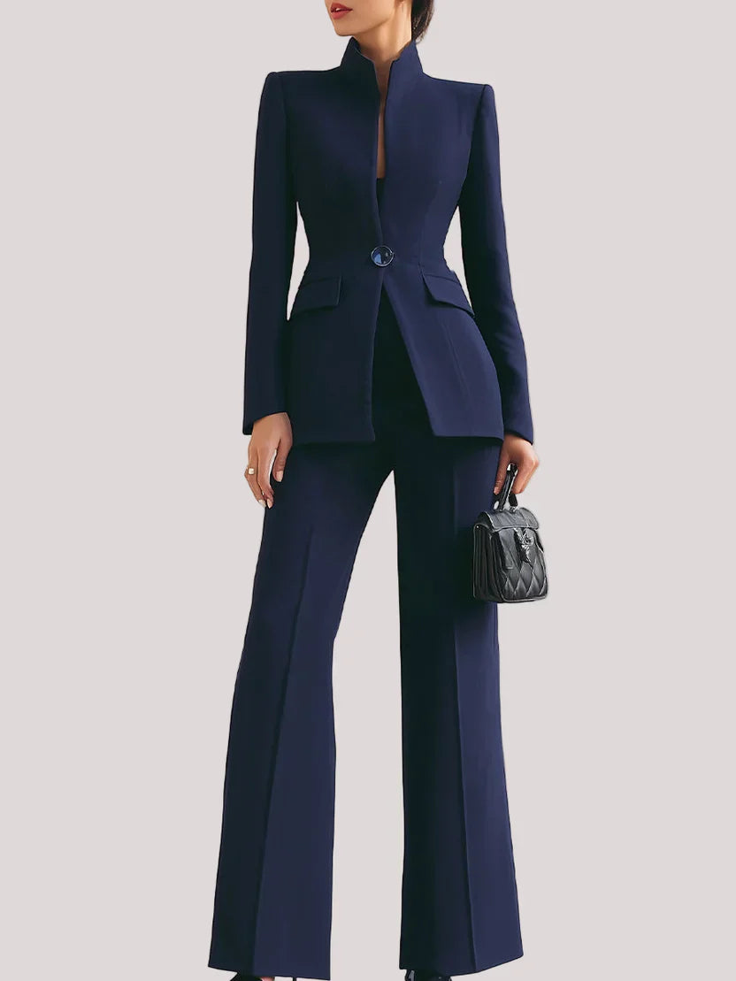 Maeve | Women's Stand Collar Blazer Two Piece Suit Set - Navy - Image 1