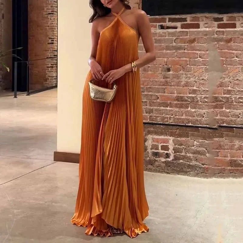 Margot | Women's Pleated Halter Maxi Dress - Orange - Image 1