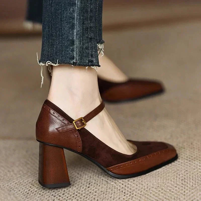 Margot | Women's Square Toe Block Heel Mary Jane Pumps - Brown - Image 1