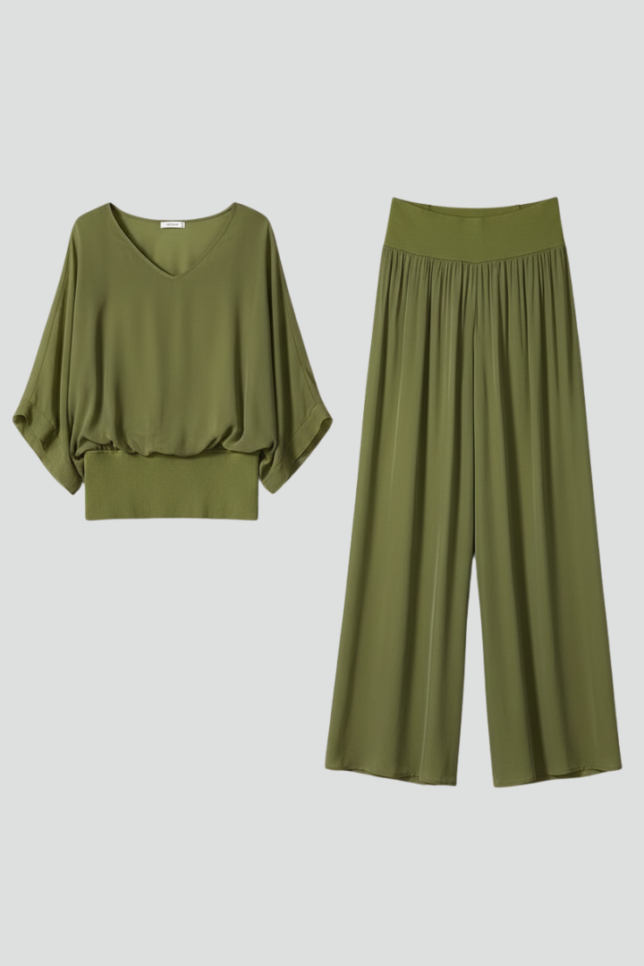Margot | Women's V-Neck Wide Leg Two Piece Set - Green - Image 1