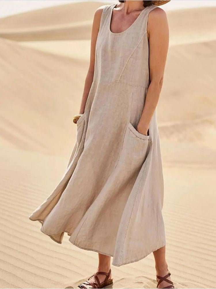 Marguerite | Damen ärmelloses Maxikleid mit Rundhalsausschnitt - Beige - Bild 1