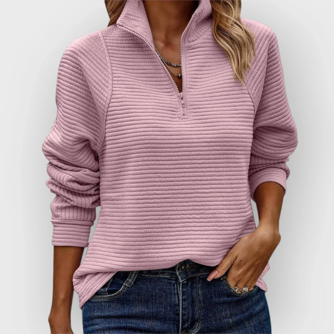 Marigold | Women's Ribbed Half Zip Long Sleeve Pullover - Pink - Image 1