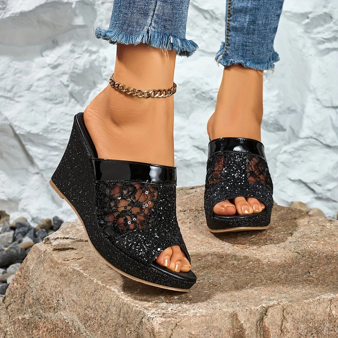 Marissa | Women's Platform Wedge Glitter Sandals - Black - Image 1