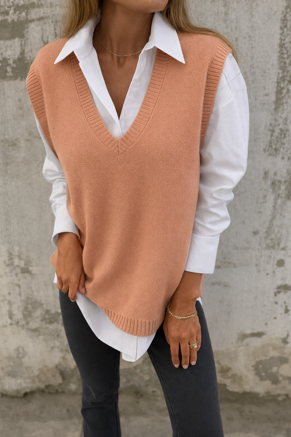 Marlborough | Women's V-Neck Sleeveless Knitted Vest - Peach - Image 1