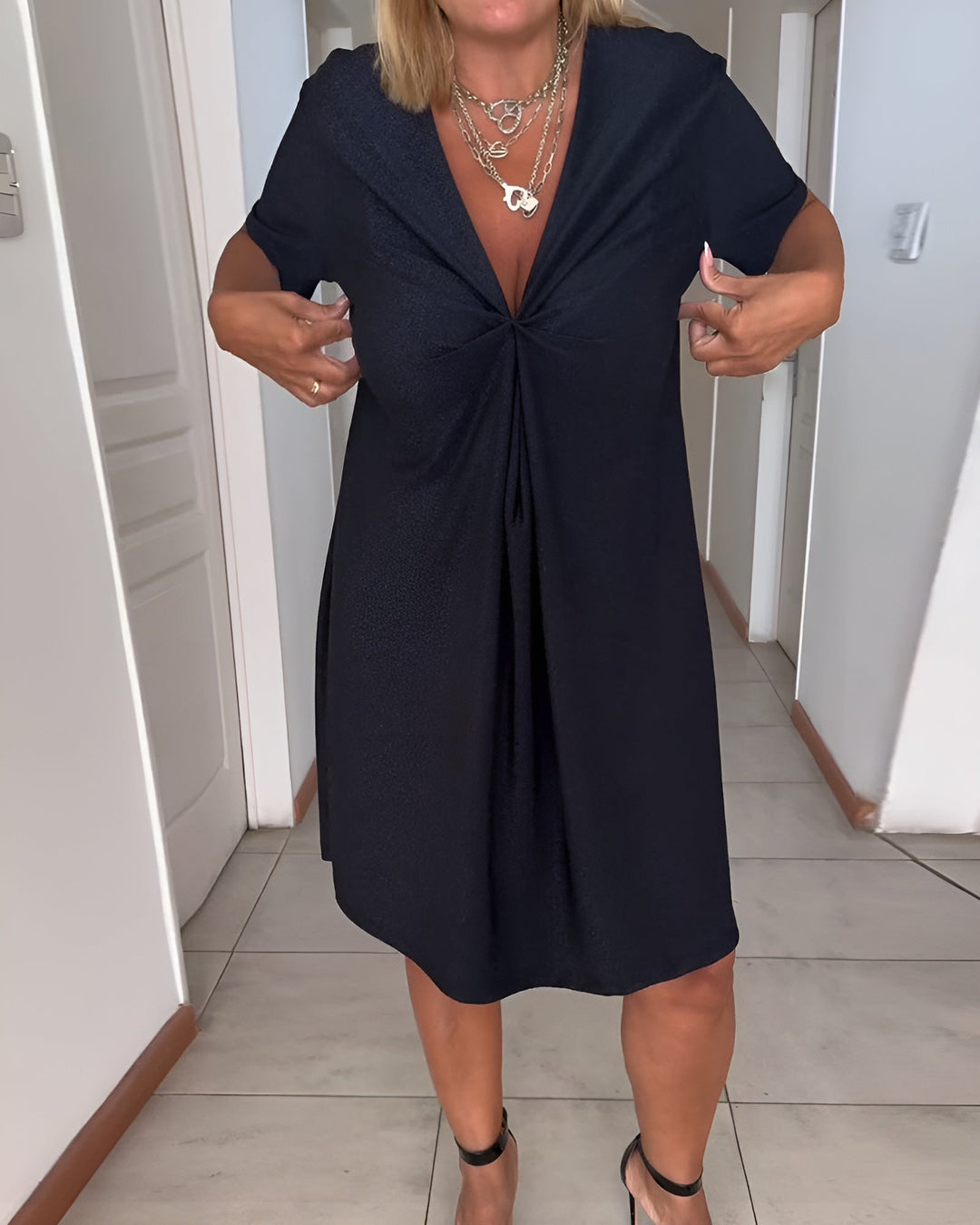 Marlowe | Women's V-Neck Ruched Midi Dress - Navy - Image 1