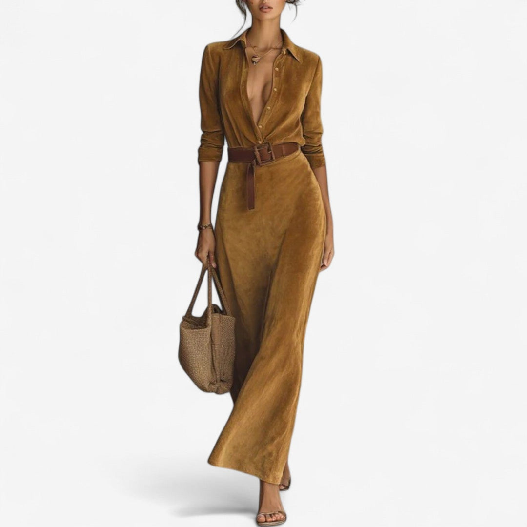 Maximiliana | Women's Collared Long Sleeve Maxi Dress - Brown - Image 1