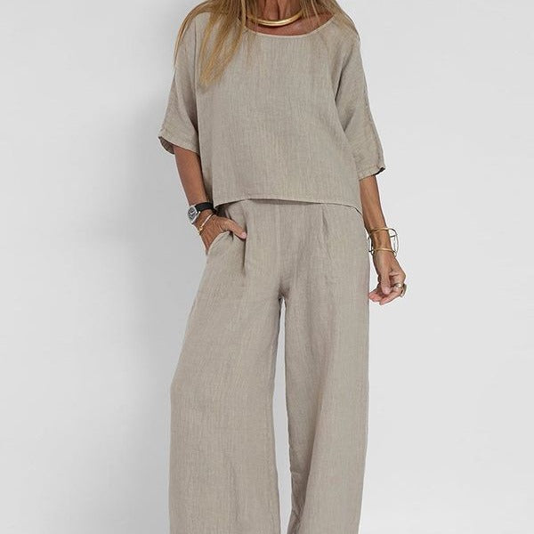 Melisande | Women's Relaxed Fit Wide Leg Two Piece Set - Beige - Image 1
