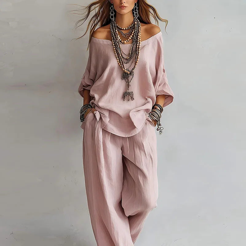 Melody | Women's Off Shoulder Wide Leg Co-ord Set - Pink - Image 1
