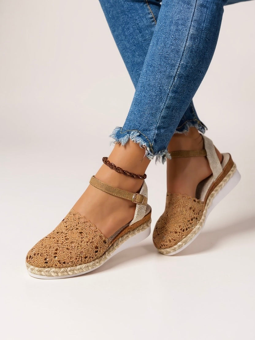 Minerva | Women's Platform Crochet Ankle Strap Sandals - Brown - Image 1