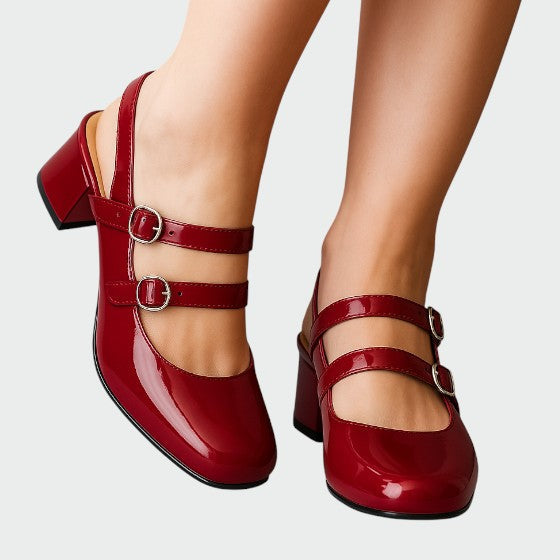 Nephele | Women's Double Strap Block Heel Mary Janes - Red - Image 1
