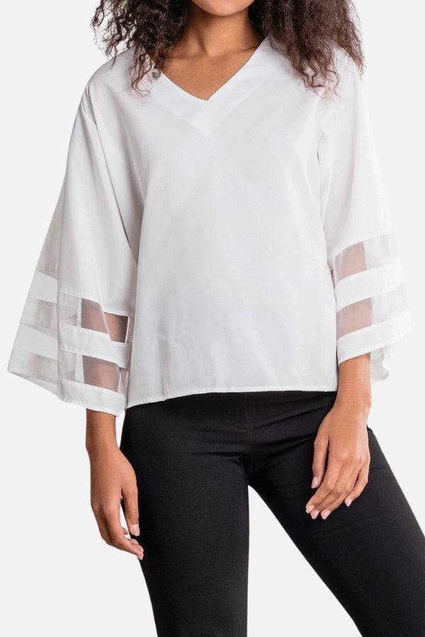 Nephthys | Women's V Neck Bell Sleeve Blouse - White - Image 1